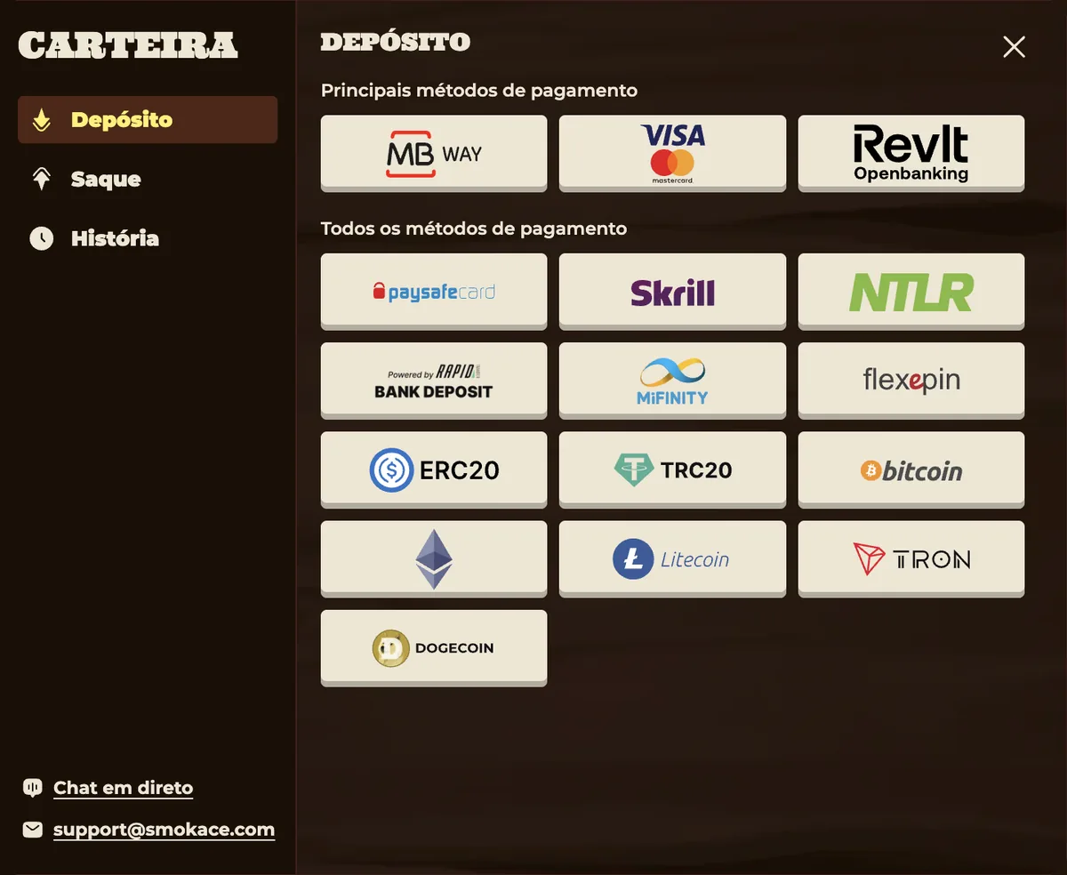 SmokAce deposit methods in Portugal